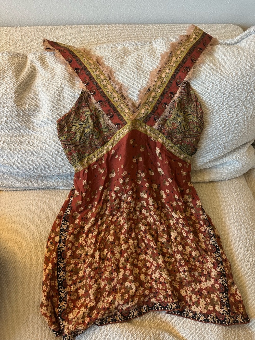 Free People Boho Floral Red Rust V-Neck Slip